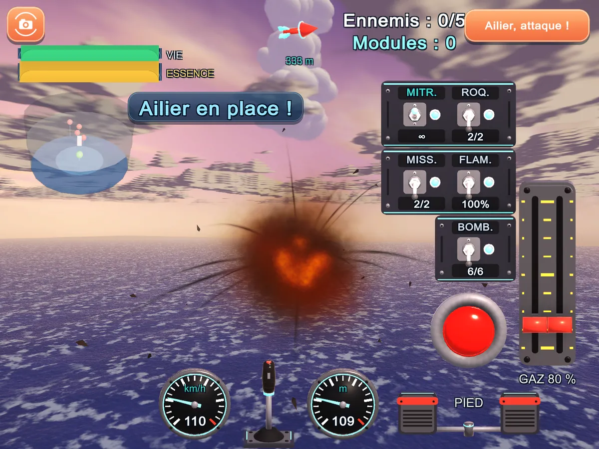 The red biplane shoots down a saucer over the sea at sunset